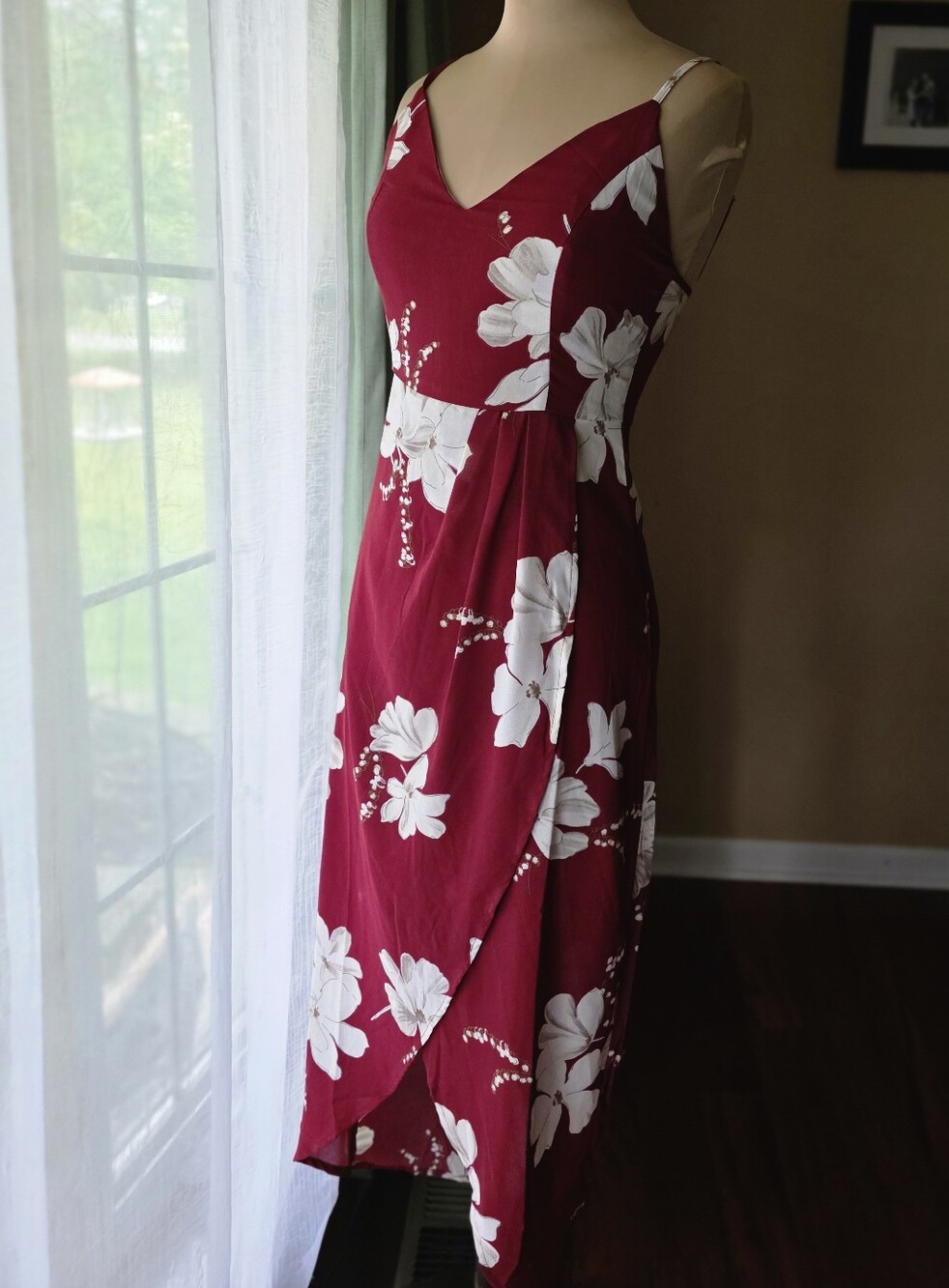 Floral Faux Wrap Midi‎ Dress Red Hibiscus Tropical Floral Vacation CMZ2005